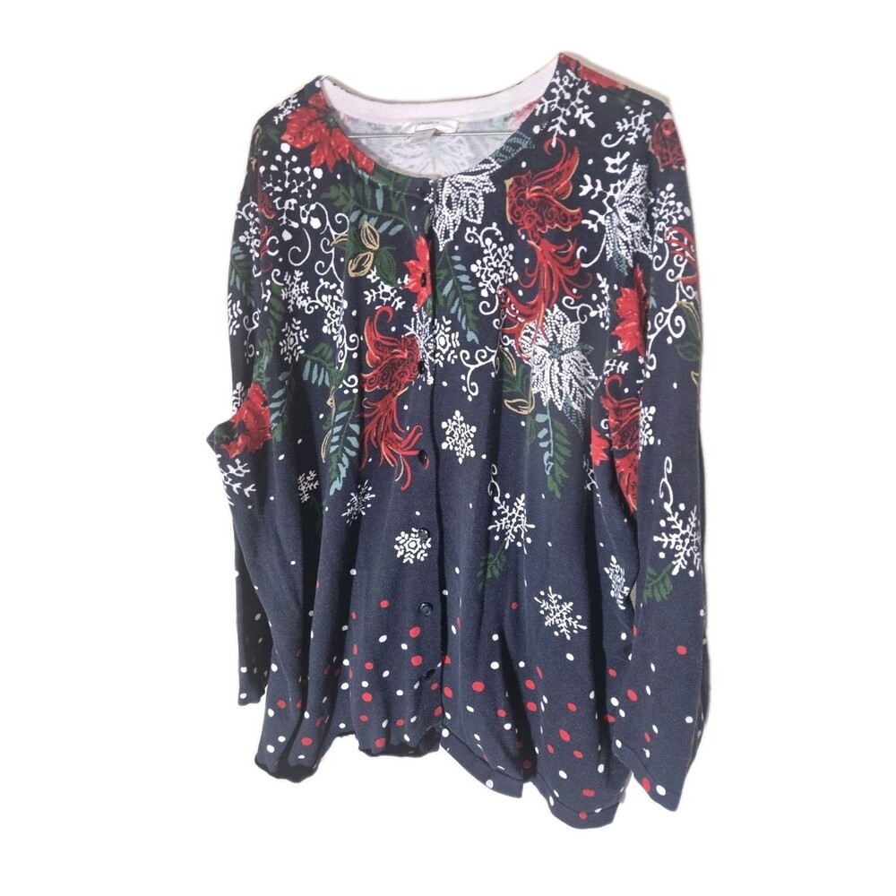 CJ Banks Womens Floral Sweater Button Up 3X Blue Red Poinsetta Snowflakes Polka